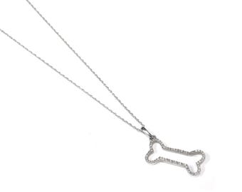 Women necklace chain and pendant dog bone 10k white gold natural diamonds 18"
