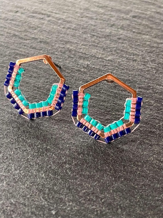 Blue and Turquoise Hexagon Stud Earrings