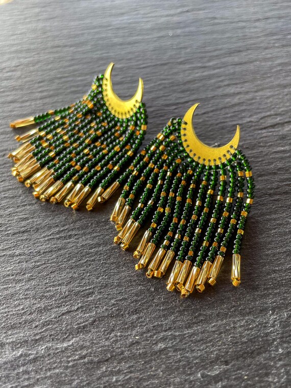 Brass Half Moons with Vintage Green Beaded Fringe