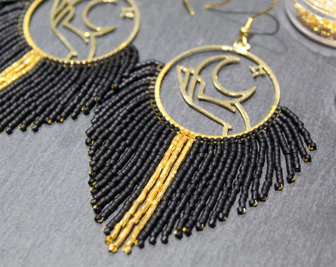 Gold Moons with beaded fringe, 24k gold beads, Astrology moons, celestial hand and moon with fringe earring, Magical earrings, witchy shit