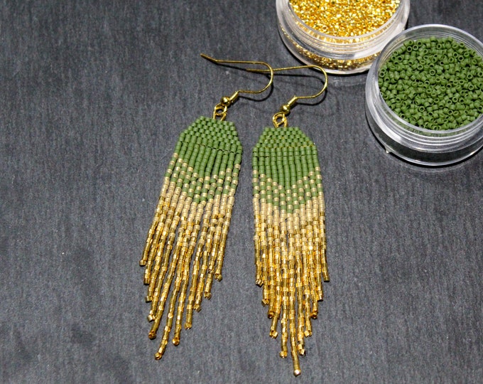 Sage and 24k Gold beaded Fringe Earrings, Green and gold Ombre fringe earring, Earthy tone earring, neutral tones