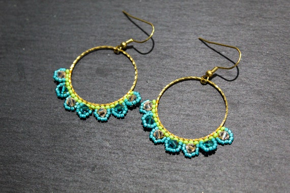 Turquoise and Green Beaded flower earrings