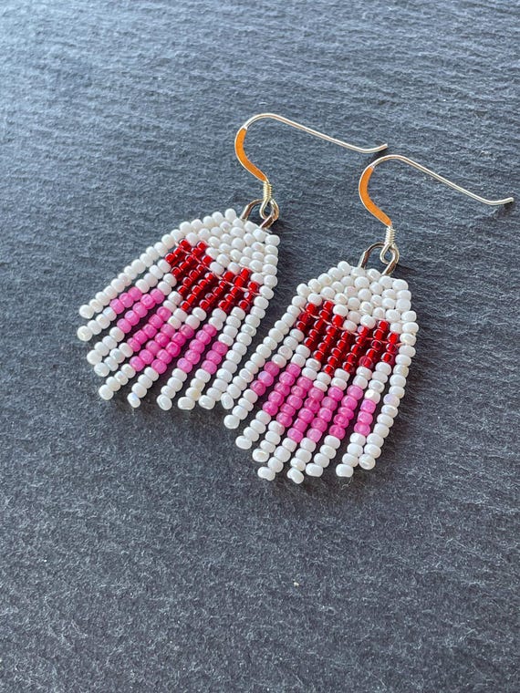 Red and Pink Beaded Heart Earrings