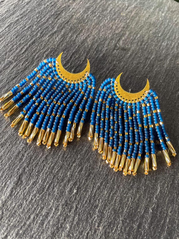 Brass Half Moons with Vintage Blue Beaded Fringe