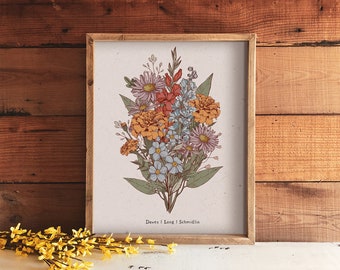 Framed Birth Flower Bouquet, Personalized Gift, Custom Print, Gift for Grandma, Up to 6 flowers