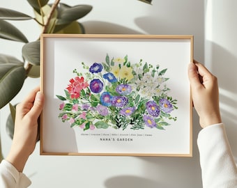 Personalized Birth Flower Print, Family Bouquet Watercolor Gift