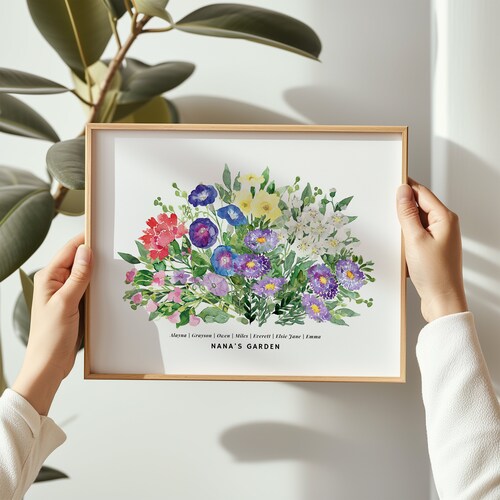 Lámina personalizada con la flor de nacimiento, regalo de acuarela con ramo familiar