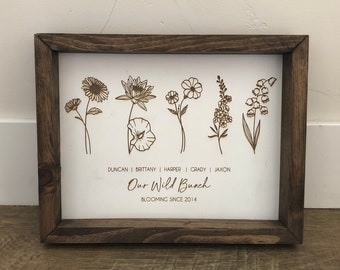 Personalized Family Wood Sign, Engraved Birth Flower Sign, Farmhouse Decor, Gift for Her, Up to 6 Flowers