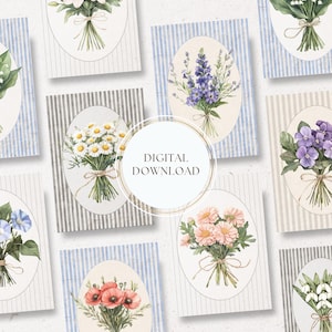 Conjunto de 12 cartões em branco para impressão de 5x7 com flores vintage, perfeito para qualquer ocasião ou presente para mulheres, download digital