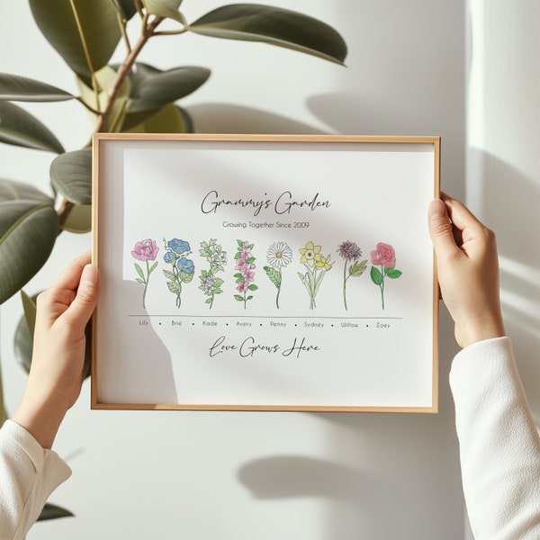 Personalized Family Print, Personalized Birth Flower Print, Farmhouse Decor, Unique Holiday Gift for Grandma