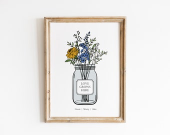 Personalized Family Birth Flower Bouquet in a Jar, Birthday Gift for Her, Birthday Gift for Grandma, Digital or Print Only