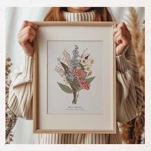 Personalized Birth Flower Bouquet Print, Custom Family Gift