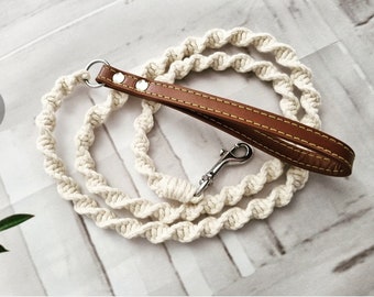 Cadena de perros de mascotas de acero inoxidable para perro mediano pequeño, correa macrame, mango conduce cuero pu