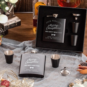 Christmas Personalised Engraved Steel Hip Flask, Funnel & Shot Glasses - FREE Gift Boxed, Etching Custom Logo Xmas/ New Year Wedding Favour