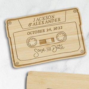 Engraved Save The Date Cassette Fridge Magnets, Personalised Rustic Wedding Invitation Post Card, Remember Date Announcement Guest Gift Tags