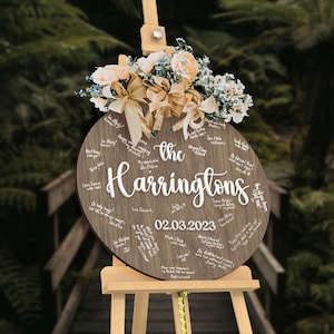 Custom Round Circle 3D Raised Name Timber Wedding Alternative Guest Book Welcome Sign, Personalised Vintage Wood Engagement Birthday Signage