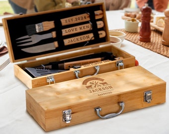 Personalised Bamboo BBQ Tools & Box Set, Custom Engraved Barbecue Utensils Case, Grill Master, Groomsman, Dad, Housewarming, Corporate Gift