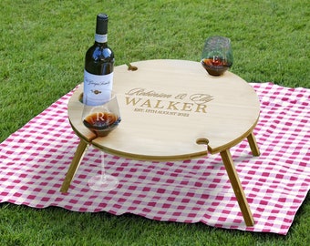 Personalised Bamboo 4 People Picnic Round Table & Crystal Wine Glasses, Engraved Cheese Tray Platter, Camping, Anniversary Housewarming Gift