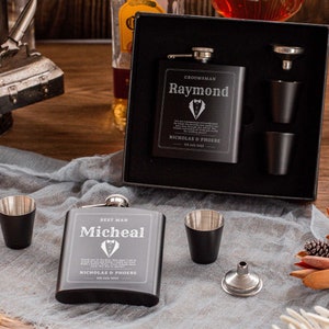 Personalised Engraved Steel 6oz Hip Flask, Funnel & Shot Glasses FREE Gift Box, Laser Etching Custom Logo Wedding Groomsman Godfather Favour