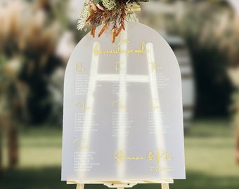 Puede incluir: Un cartel de asignación de asientos para bodas de acrílico esmerilado con un diseño de arco dorado. El cartel está en un caballete de madera y presenta el texto "Nuestra gente favorita" y "Shannon & Pete 22.10.2022".