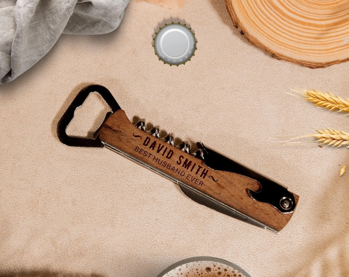 Personalised Wooden Handle Beer Bottle Opener & Wine Corkscrew, Custom Engraved Knife/Foil Cutter, Wedding Favour, Christmas Gift for Him