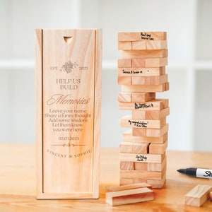 Spersonalizowane pudełko na 48 drewnianych klocków Tumbling Tower Game, grawerowana alternatywna księga gości weselnych, interaktywna gra na imprezę, spersonalizowane pudełko na prezent