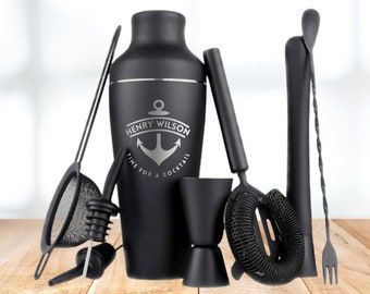 Engraved Steel Matte Black Cocktail/ Alcohol Shaker Set of 9 Barware, Personalised Custom Drink Mixer, Martini Bartender Tools, Gift for Him