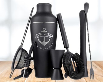 Ensemble de 9 shaker à cocktail/alcool en acier noir mat gravé, ustensiles de bar, mélangeur de boissons personnalisé, outils de barman Martini, cadeau pour lui