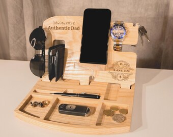 Personalised Wooden Docking Station, Night Valet Stand, Phone & Watch Display Headphone Holder, Office Desk Charging Organiser, Gift for Him