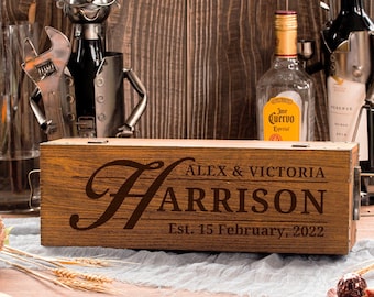 Gepersonaliseerde vintage houten wijnkist, gegraveerde aangepaste housewarming/verjaardag champagne geschenkdoos, bruiloft, God ouders gunst, Vaderdag