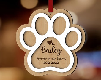 Personalised Double Layer Pet Paws Wooden Baubles, Engraved Custom Dog Name First Christmas Memorial Xmas Tree Ornament Decor Cat Lover Gift