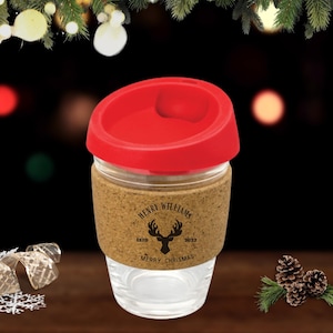 Weihnachten personalisierte Korkband wiederverwendbare Kaffeetasse aus Glas, Weihnachten Neujahr individuell gravierte Tasse/Becher, Firmen-, Geburtstags-/Lehrergeschenk