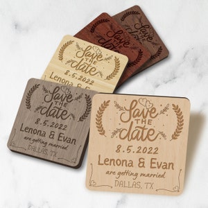 Aimants carrés en bois gravés "Retenez la date", carte d'invitation de mariage rustique personnalisée, faire-part de la date à retenir, étiquettes-cadeaux pour invités
