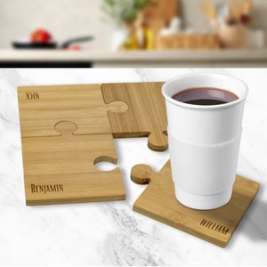 Personalised Set of 4 Jigsaw Puzzle Bamboo Coaster, Custom Engraved Drink Mat, Wedding/ Anniversary / Housewarming/ Birthday/ Corporate Gift