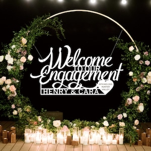 Custom Made Welcome To Our Engagement Sign, Personalised Name & Date Wedding Signage, Hedge Photo Prop, Event Wall Hoop Party Backdrop Decor