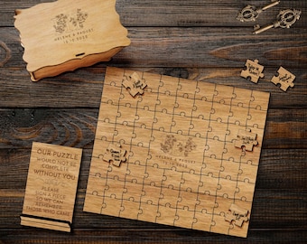 Rompecabezas de madera contrachapada hecho a medida boda / cumpleaños / aniversario conjunto de libro de visitas alternativo, rompecabezas de nombre personalizado rústico, decoración de mesa de papelería