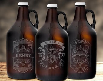 Personalised 1.9L Amber Glass Craft Beer Growler, Engraved Brewery Takeaway Tankard Bottle Etched Custom Logo, Wedding Favour Groomsmen Gift