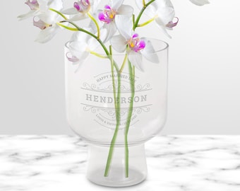 Jarrón de flores de vidrio transparente de compota personalizado, monumento grabado personalizado, boda, dama de honor, madre de la novia, inauguración de la casa, regalo de aniversario
