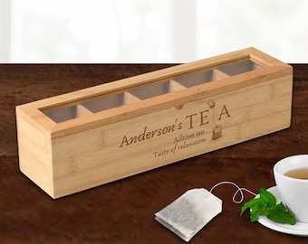 Boîte à sachets de thé personnalisée en bambou 5 emplacements, rangement organisé en bois personnalisé gravé, pendaison de crémaillère/anniversaire, maman-papa, enseignant, cadeau pour les parrains et marraines