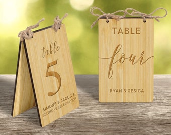 Titular personalizado del número de boda de madera contrachapada, placa de mesa rústica de doble cara con grabado personalizado, decoración de boda vintage, ceremonia, letrero de evento