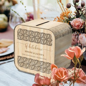 Aangepast vierkant lasergesneden en gegraveerd triplex wensputdoos, gepersonaliseerde naamgeld envelop kaartdozen, rustieke bruiloft herinnering aandenken cadeau