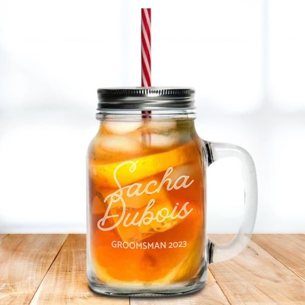 Personalised 620ml Jam Jar Glass, Lid & Straw, Custom Logo Engraved Beverage Cup, Soft Drink Mug, Corporate, Birthday Gift, Wedding Favour