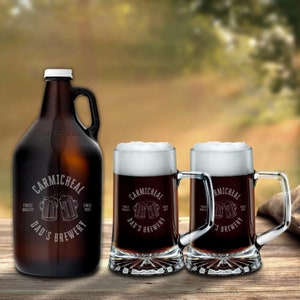 Personalised 1.9L Amber Glass Craft Beer Growler & 2 Italian Tankard Mugs Set, Custom Engraved Brewery Bottle Logo Etched Dad Groomsman Gift