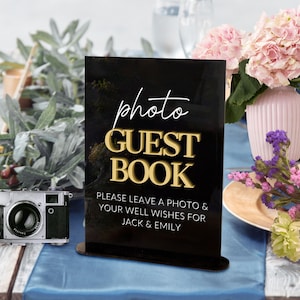 Aangepaste 3D verhoogde acryl & gravure polaroid foto gastenboek rechthoek teken, gepersonaliseerde bruiloft wensput Memorial Signage tafel decor