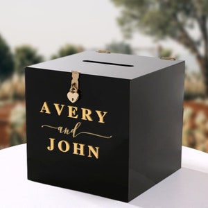 Personalisierte schwarze Acryl-Namens- und Datums-Hochzeits-Wunschbox, individuelle Logo-Geschenkkarte, Umschlag, Spardosen, Taufe, Taufe, Geburtstag