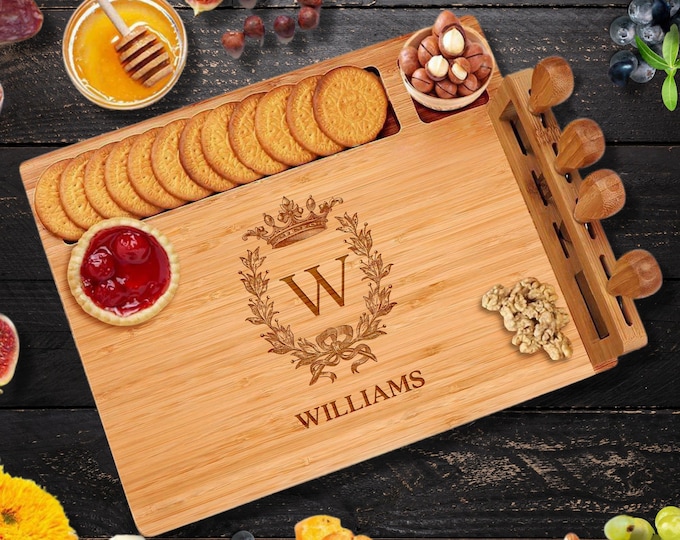 Personalised Bamboo Wooden Cheese Board & Knife Travel Set, Engraved Serve Tray, Charcuterie Platter, Wedding Anniversary, Housewarming Gift