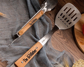 Personalised BBQ Tools Gift Set, Custom Laser Engraved Etching Barbecue Tongs & Spatula, Barbeque Grill Gift Him Dad Fathers Day GrillFather