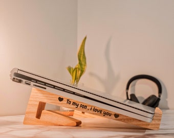 Personalised Portable Wooden Laptop Riser/ Notebook, Macbook Wood Stand Holder / Custom Engraved Timber Office Desk Organiser - 12-15.6 inch