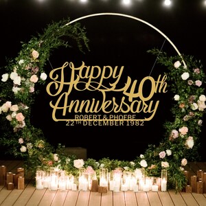 Letrero personalizado de feliz aniversario, señalización personalizada de nombre y fecha de boda, accesorio para fotografía de setos, aro de pared para eventos, fiesta de compromiso, decoración de fondo