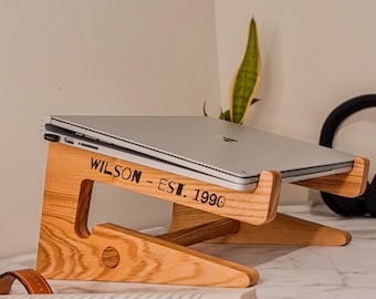 Personalised Portable Wooden Laptop Riser/ Notebook, Macbook Wood Stand Holder / Custom Engraved Office Organiser/ Work From Home - 12-15.6"